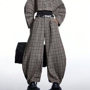 Olive Green Casual Women's Plaid Flared Leg Pants